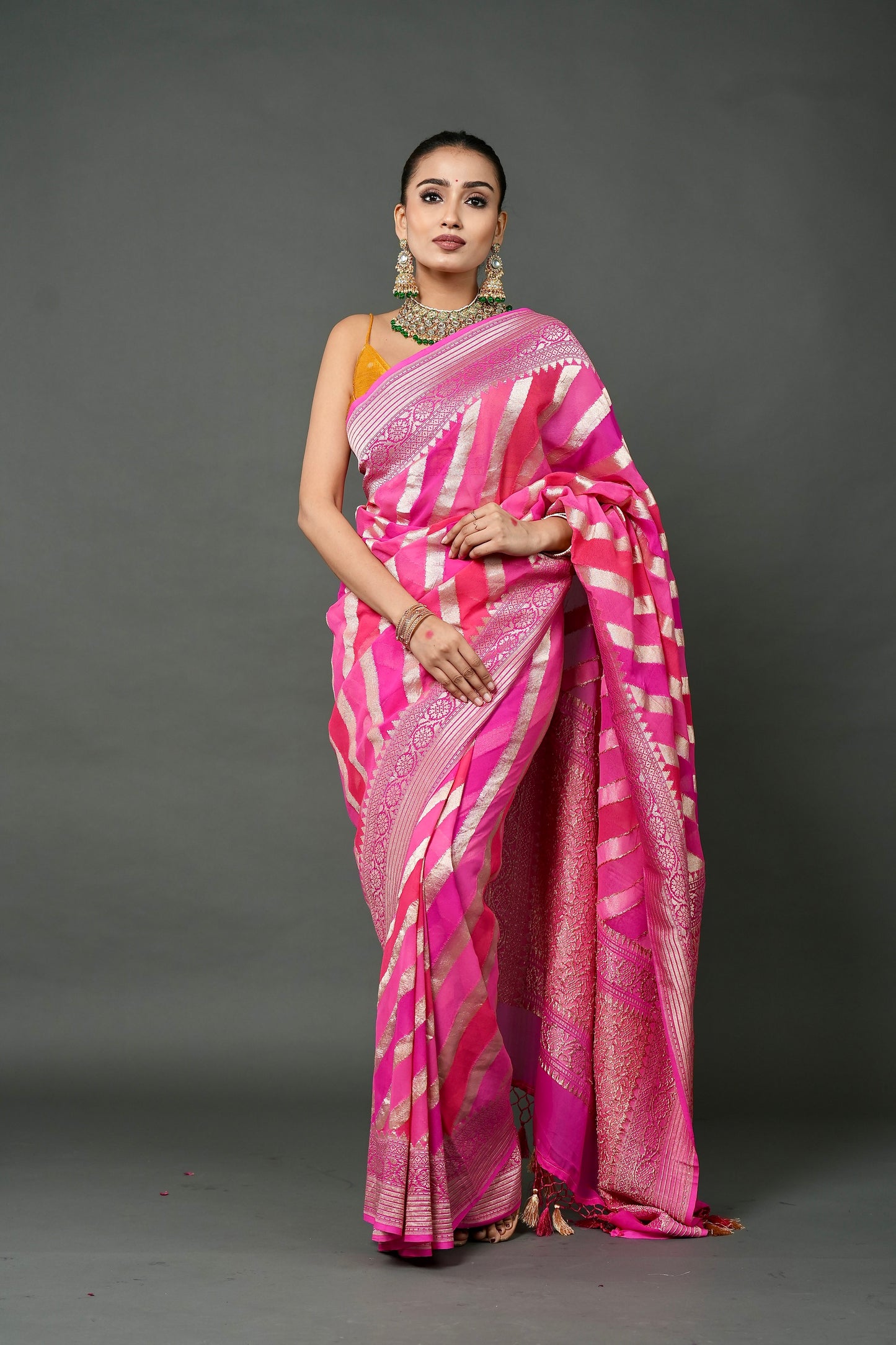 Khaddi Georgette Saree – Pink Rangkat with Champagne Zari