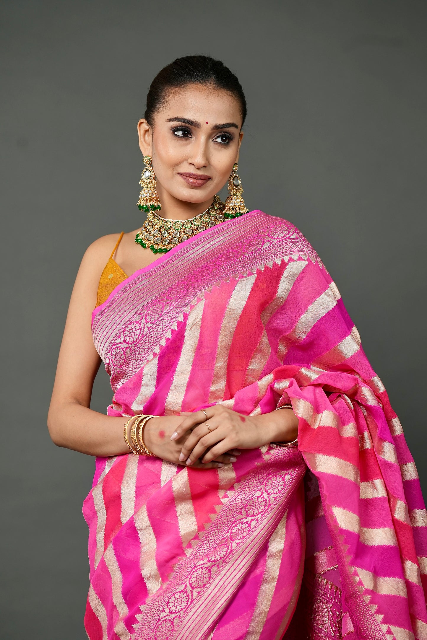 Khaddi Georgette Saree – Pink Rangkat with Champagne Zari