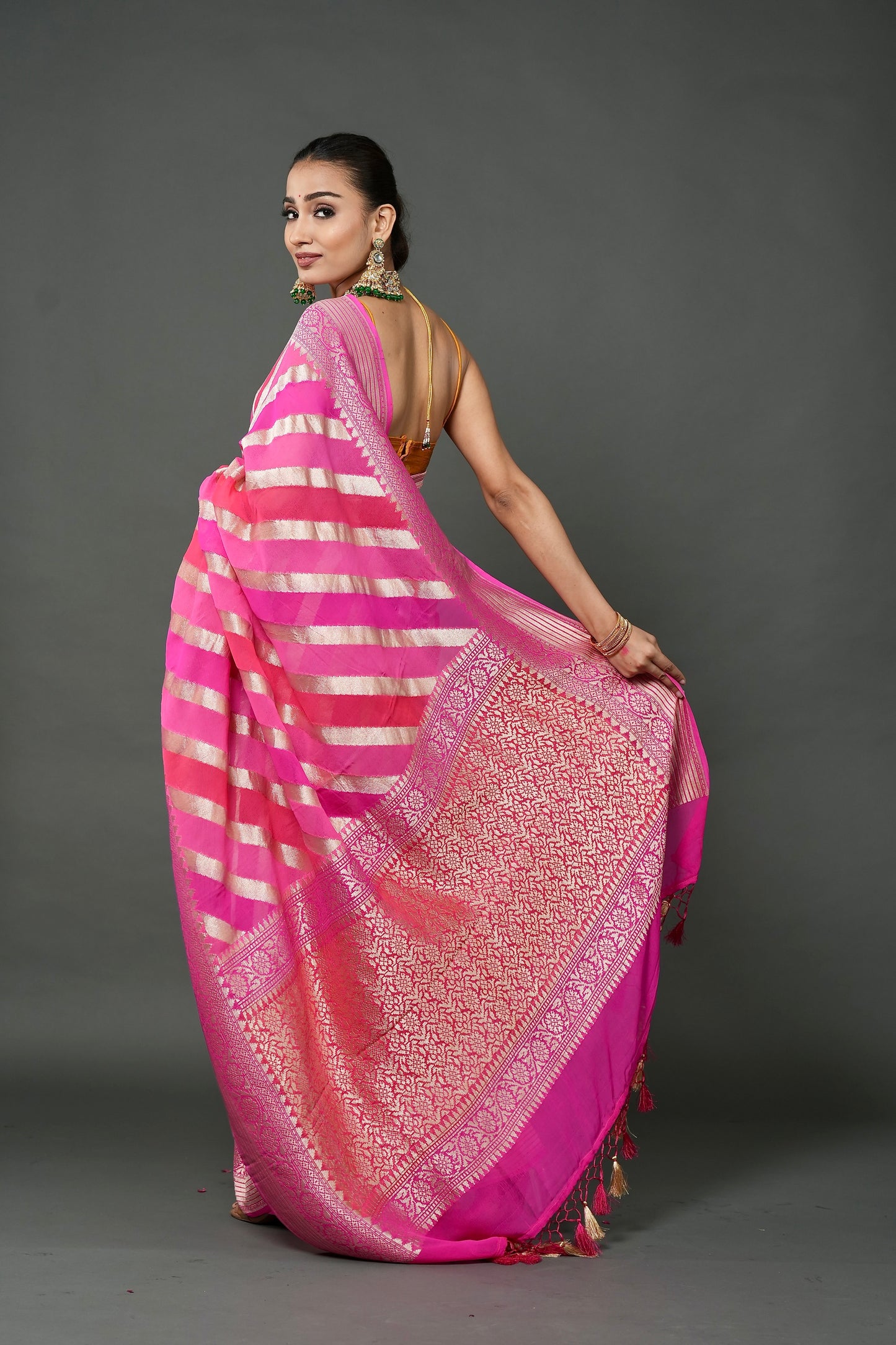 Khaddi Georgette Saree – Pink Rangkat with Champagne Zari
