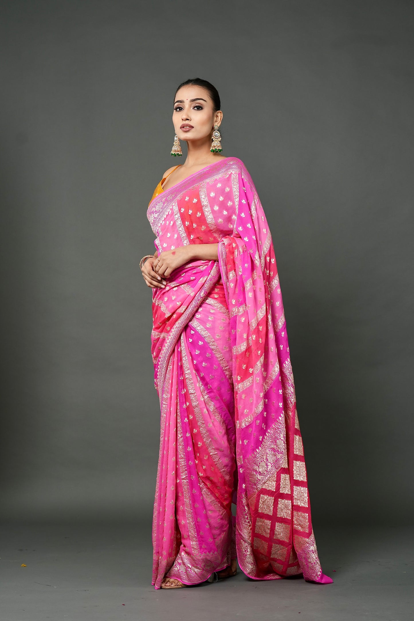 Khaddi Georgette Saree – Pink Leheriya Rangkat with Champagne Zari