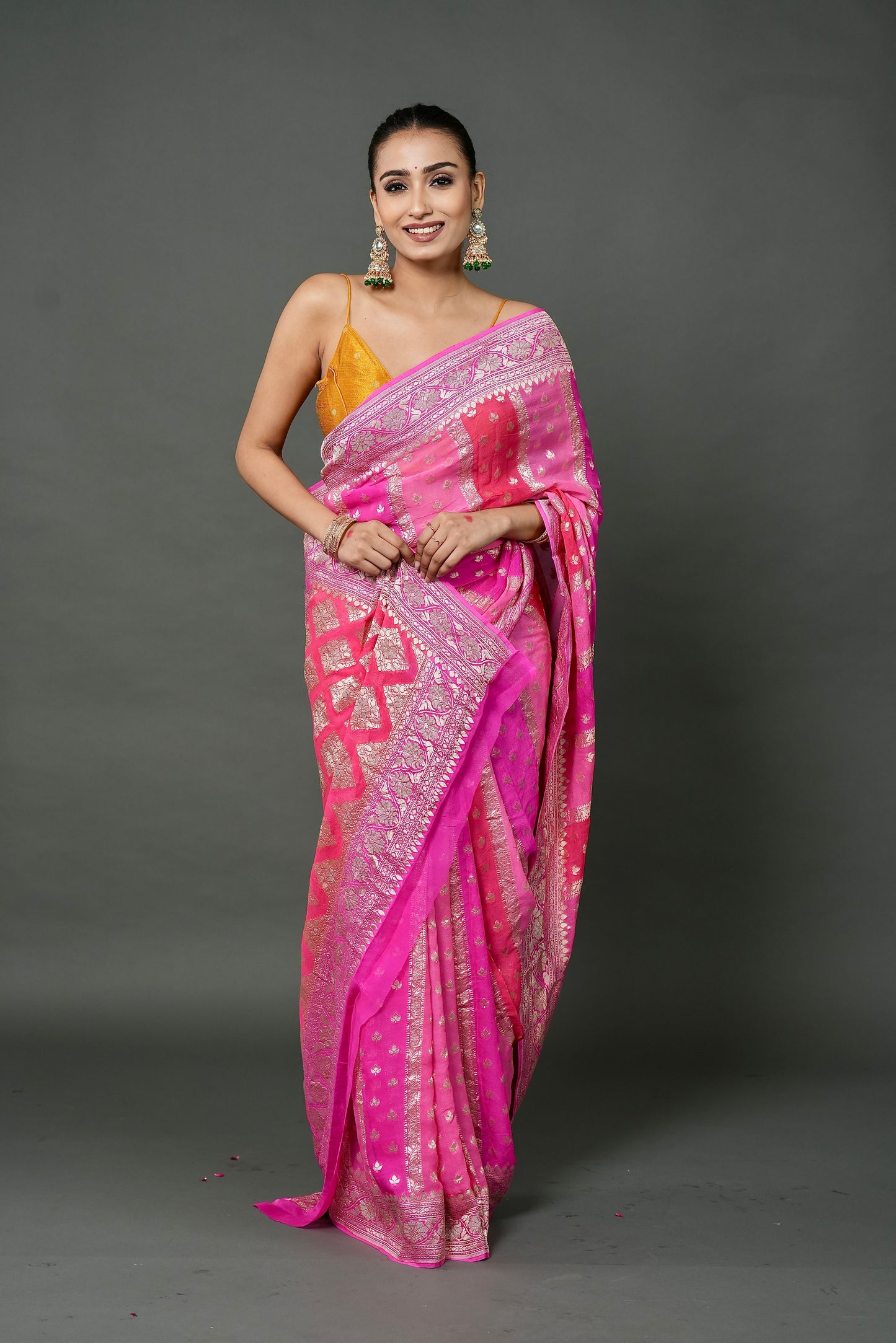 Khaddi Georgette Saree – Pink Leheriya Rangkat with Champagne Zari