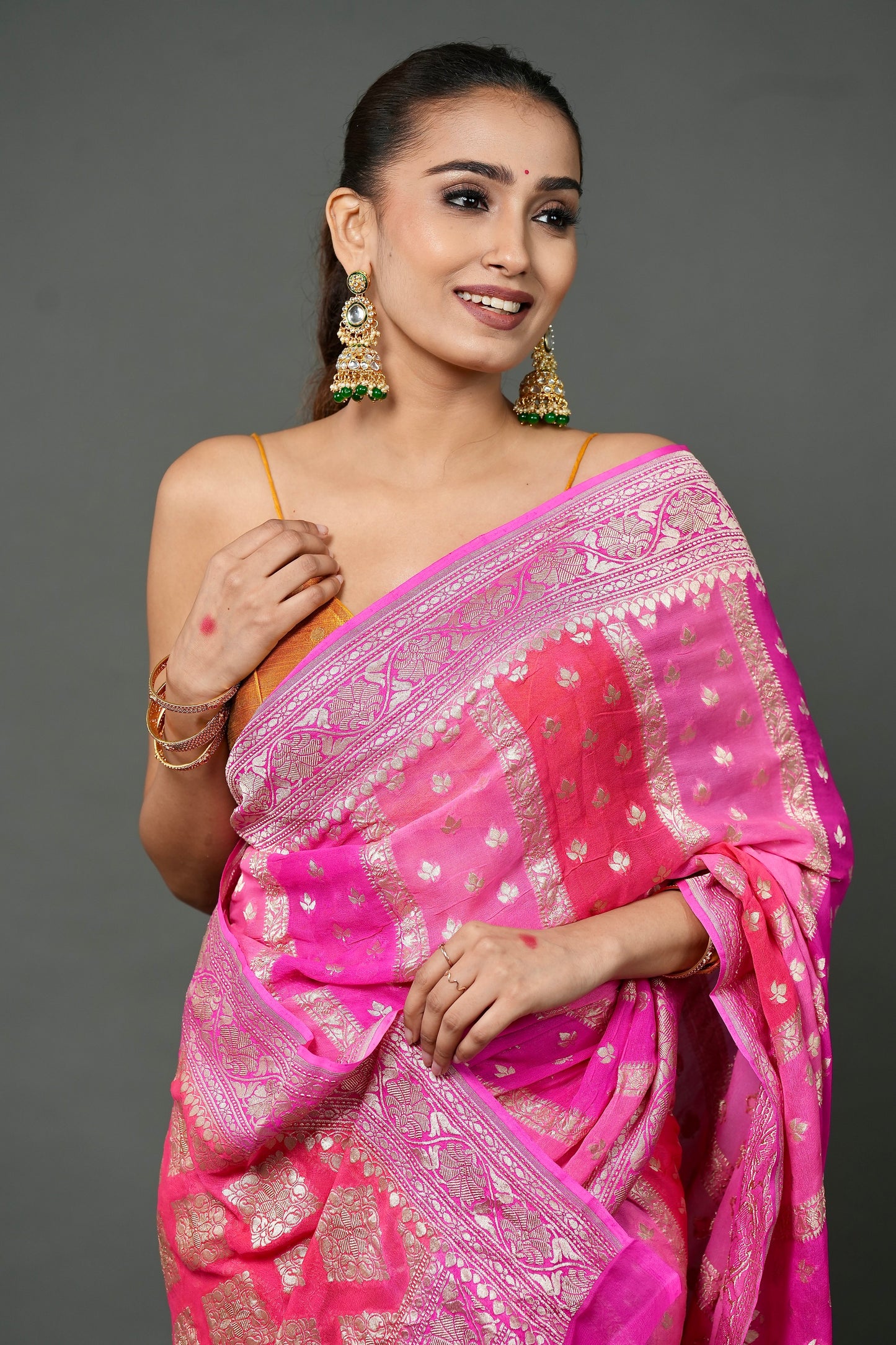 Khaddi Georgette Saree – Pink Leheriya Rangkat with Champagne Zari