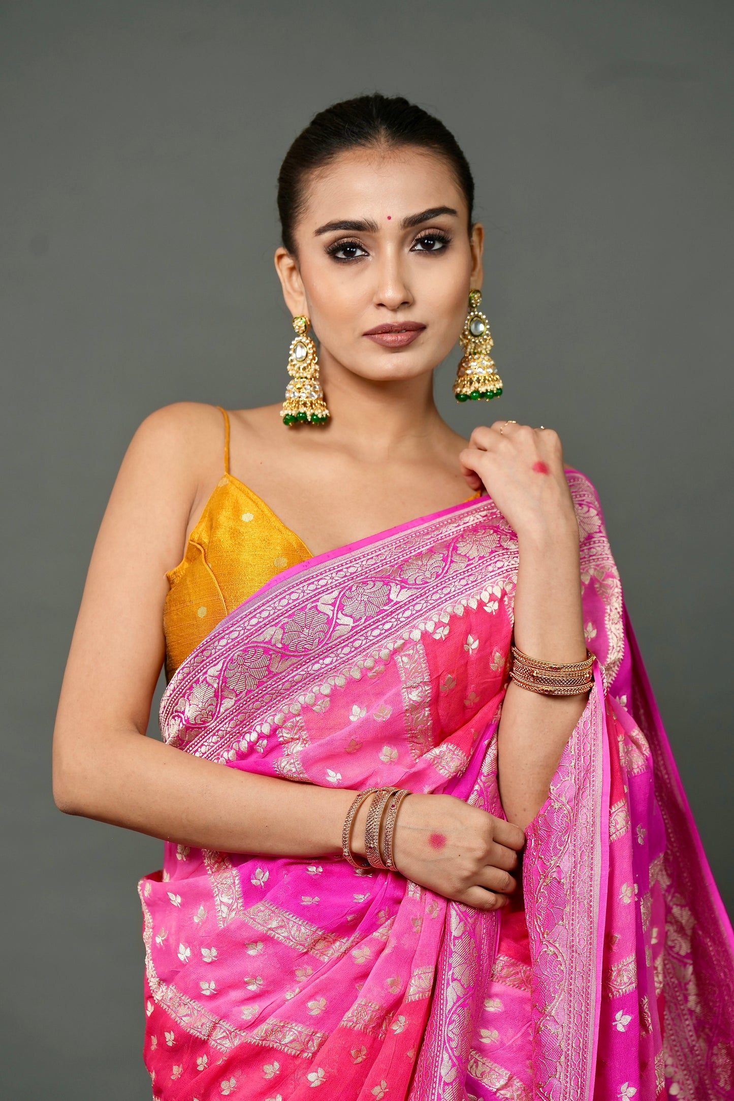 Khaddi Georgette Saree – Pink Leheriya Rangkat with Champagne Zari