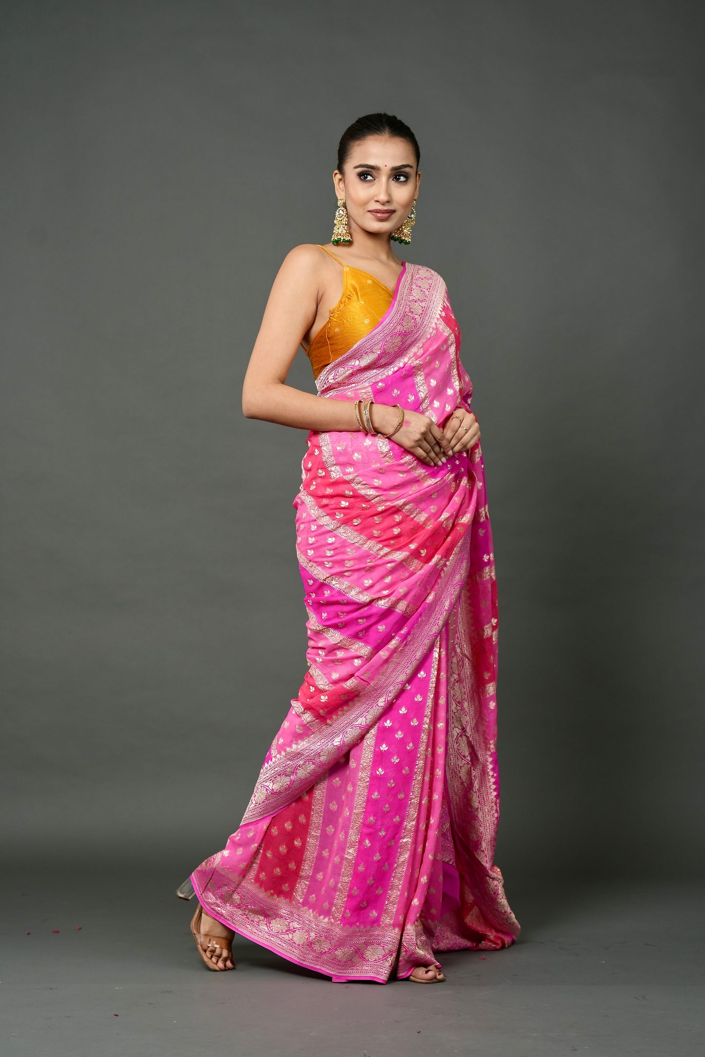 Khaddi Georgette Saree – Pink Leheriya Rangkat with Champagne Zari