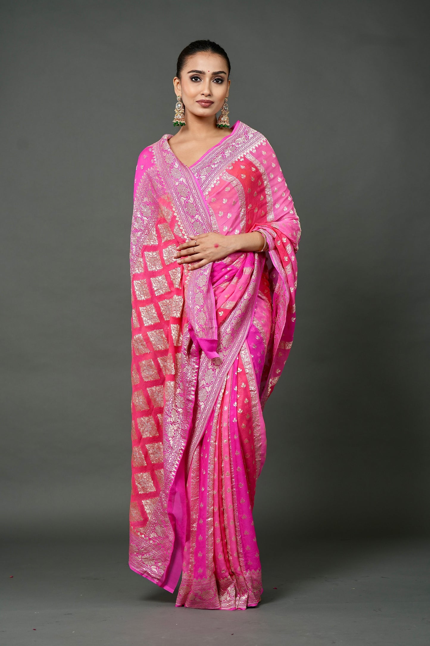 Khaddi Georgette Saree – Pink Leheriya Rangkat with Champagne Zari