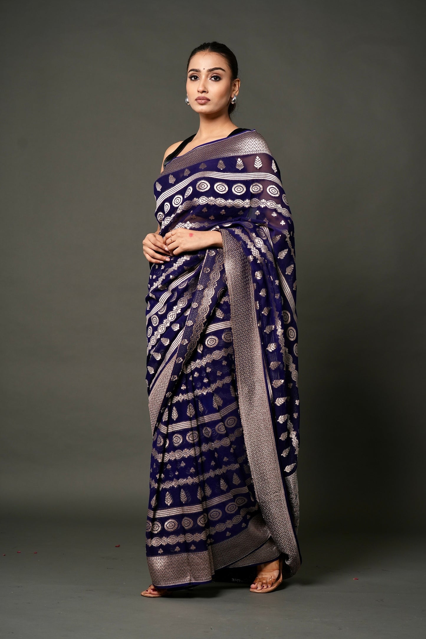 Khaddi Georgette Saree – Deep Blue with Champagne Zari