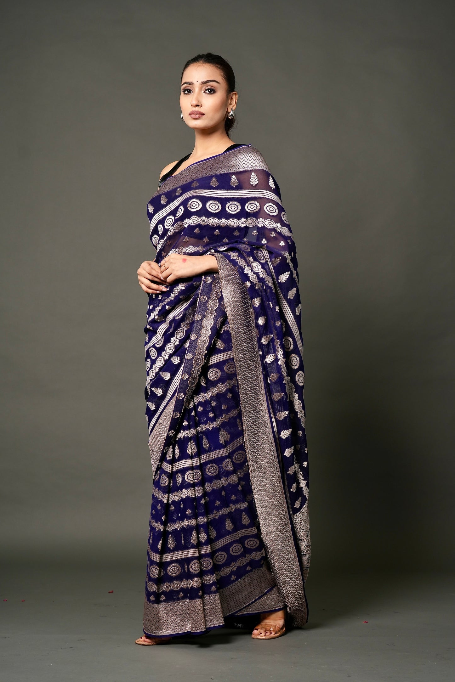 Khaddi Georgette Saree – Deep Blue with Champagne Zari
