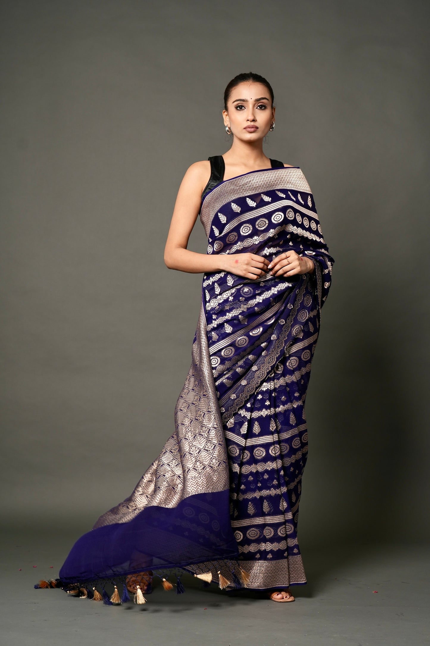 Khaddi Georgette Saree – Deep Blue with Champagne Zari
