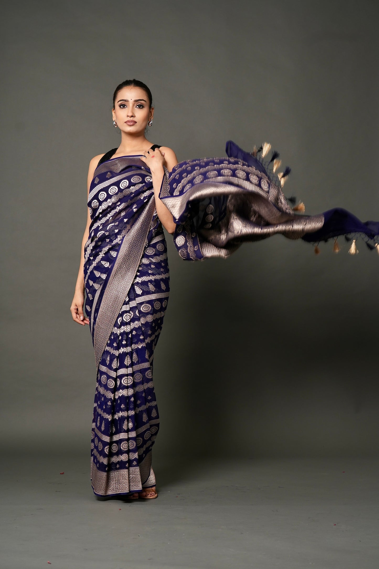 Khaddi Georgette Saree – Deep Blue with Champagne Zari