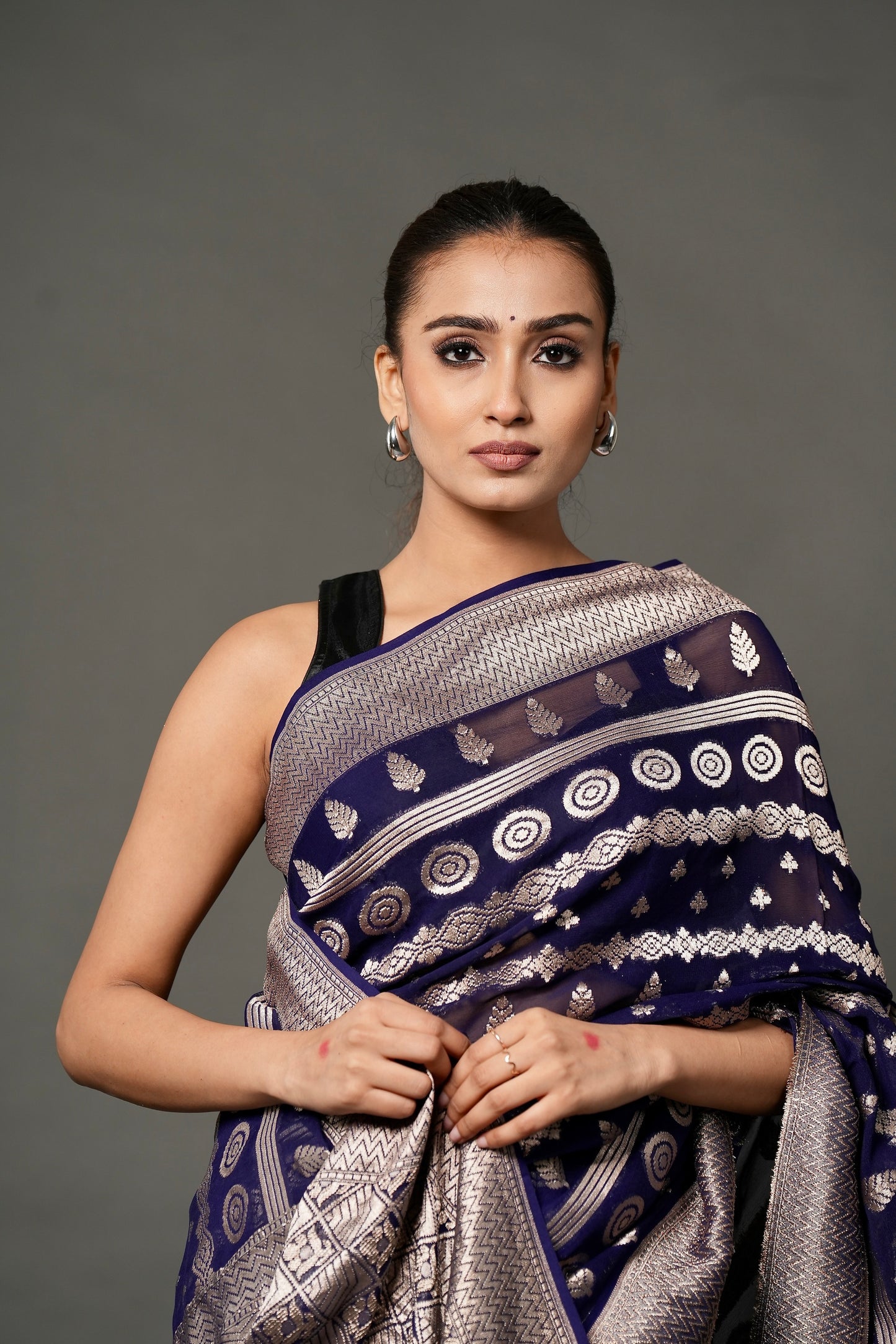 Khaddi Georgette Saree – Deep Blue with Champagne Zari