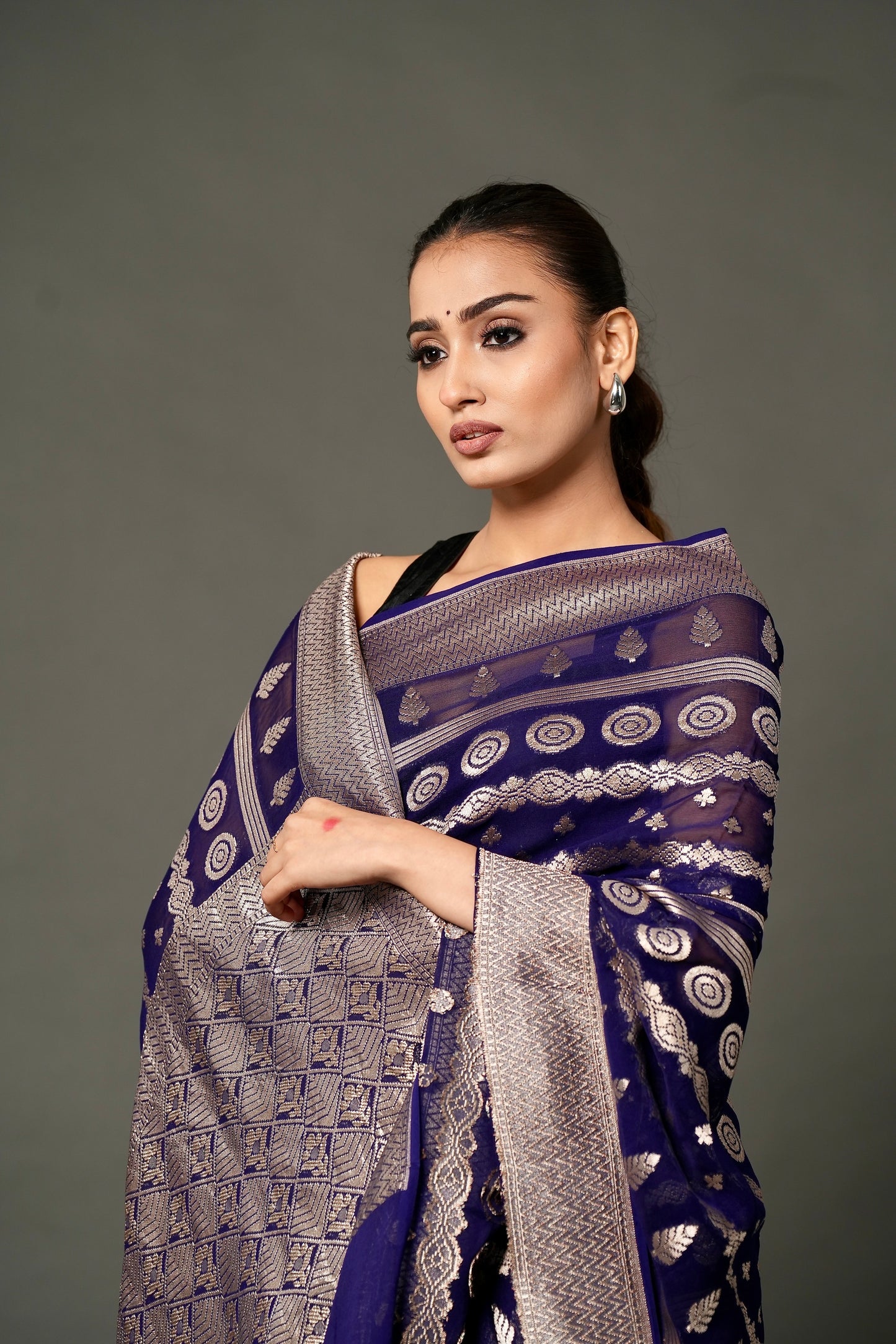 Khaddi Georgette Saree – Deep Blue with Champagne Zari