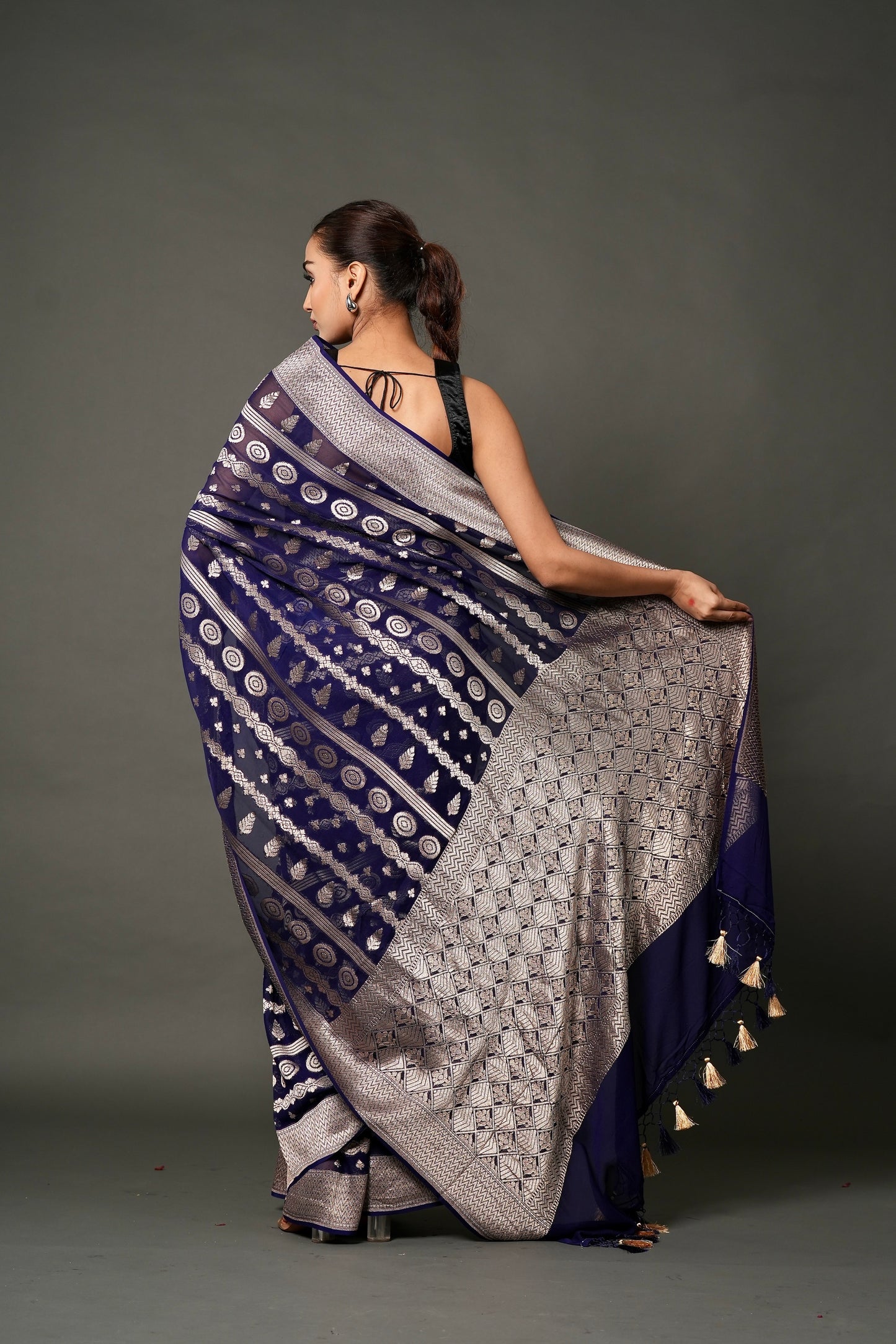 Khaddi Georgette Saree – Deep Blue with Champagne Zari