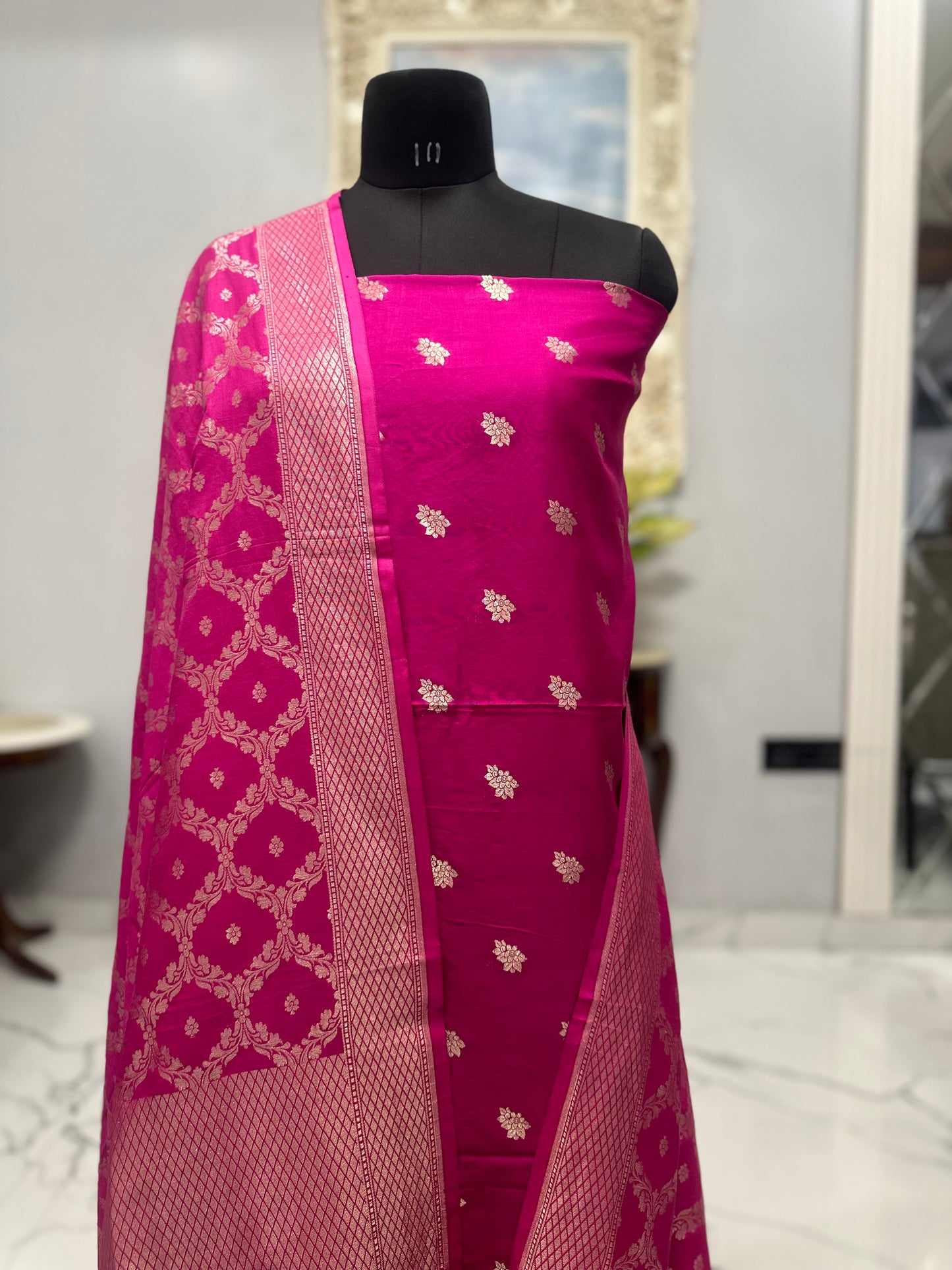 Banarasi Silk Suit in Rani Pink