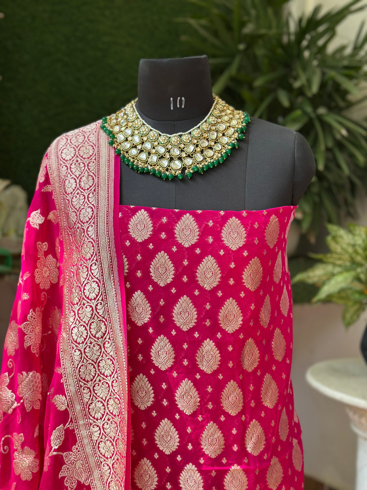 Banarasi Khaddi Georgette Suit Set - Rani Pink