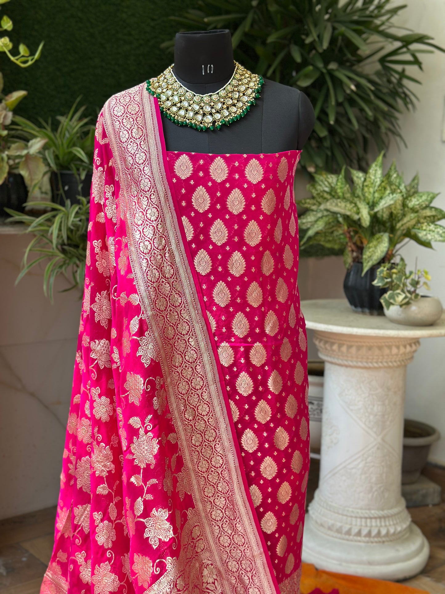 Banarasi Khaddi Georgette Suit Set - Rani Pink
