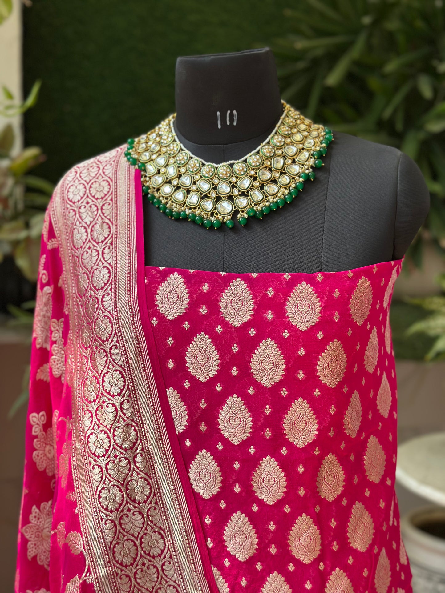 Banarasi Khaddi Georgette Suit Set - Rani Pink