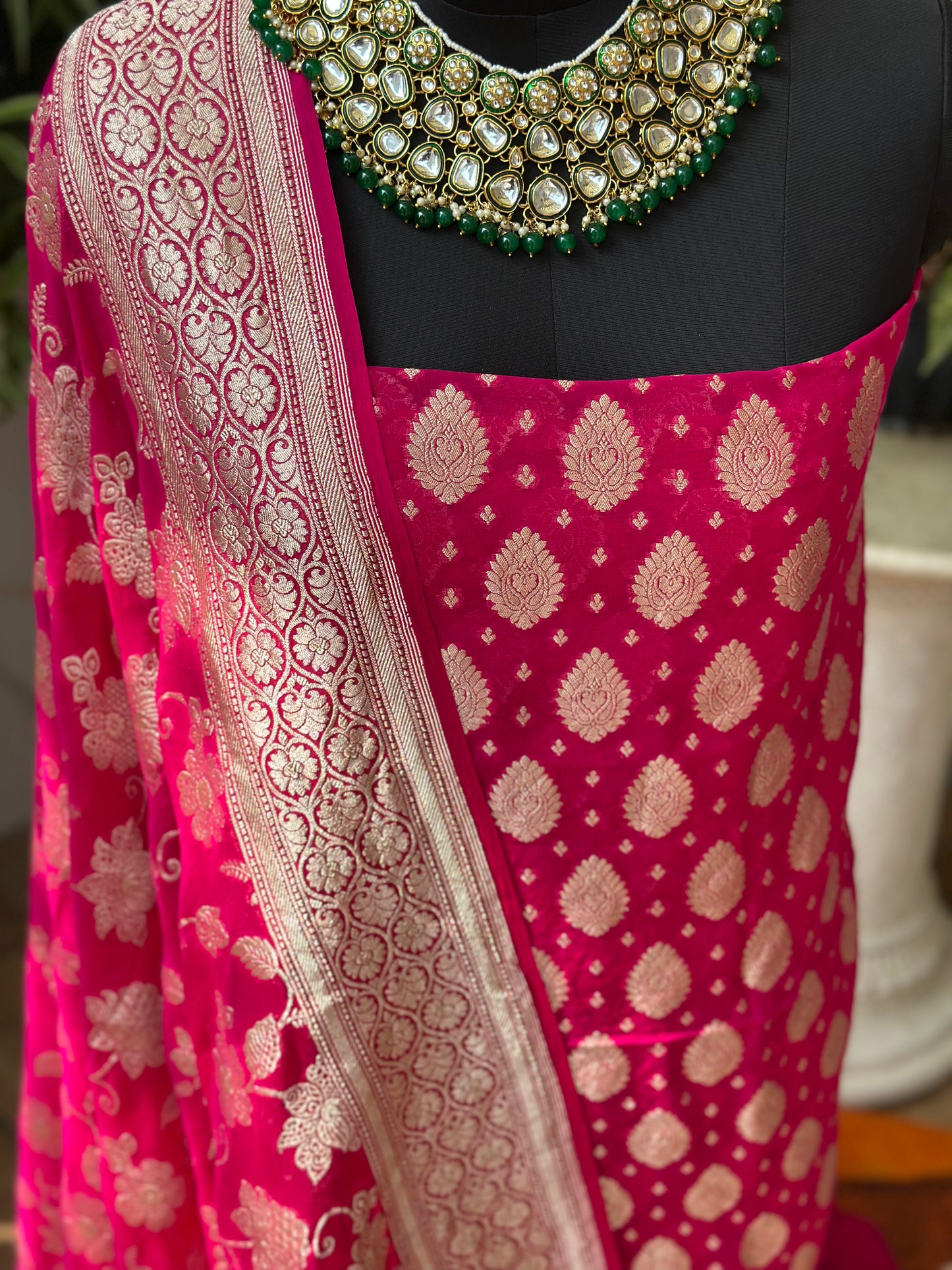 Banarasi Khaddi Georgette Suit Set - Rani Pink