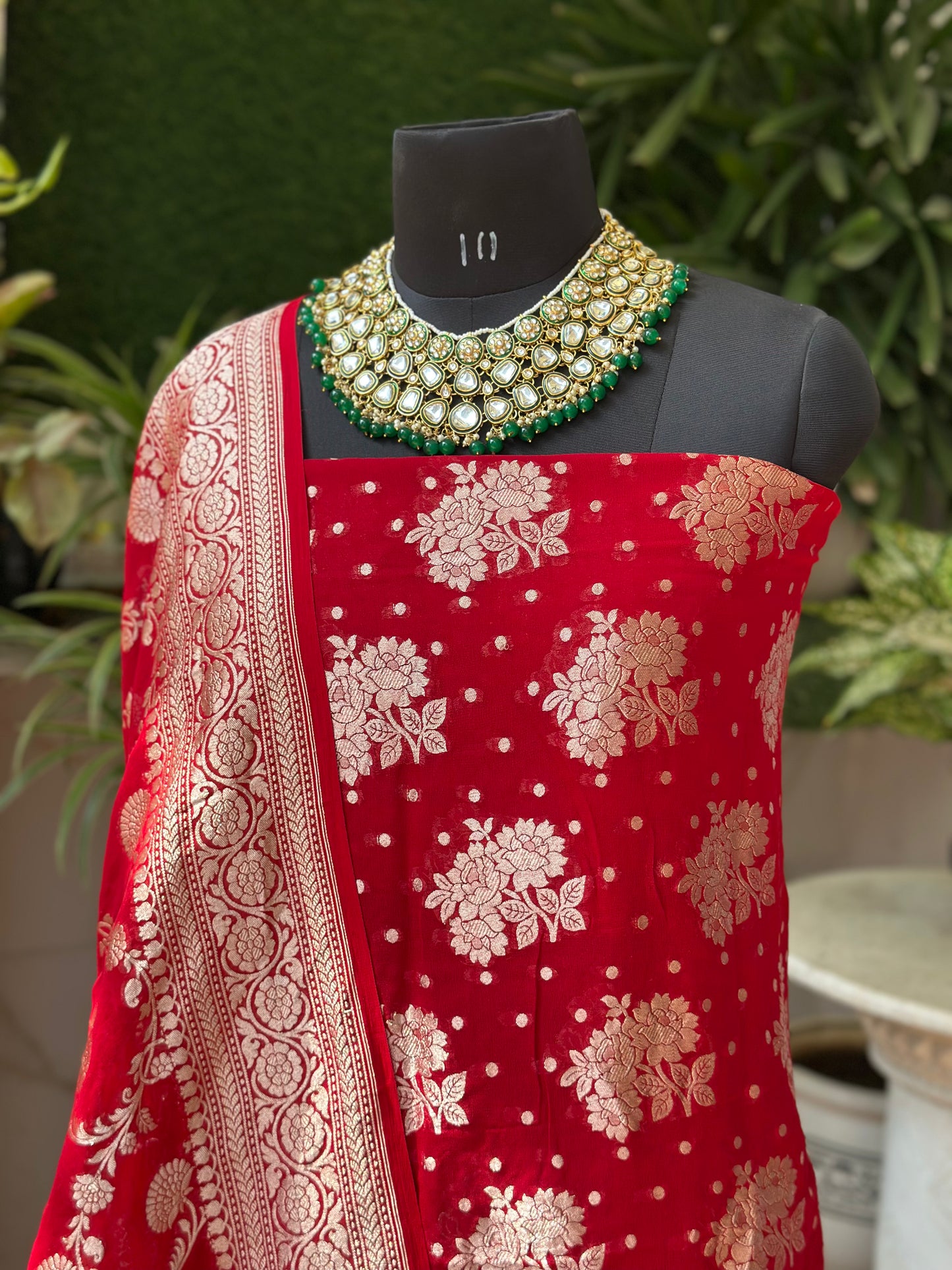 Banarasi Khaddi Georgette Suit Set - Ruby Red