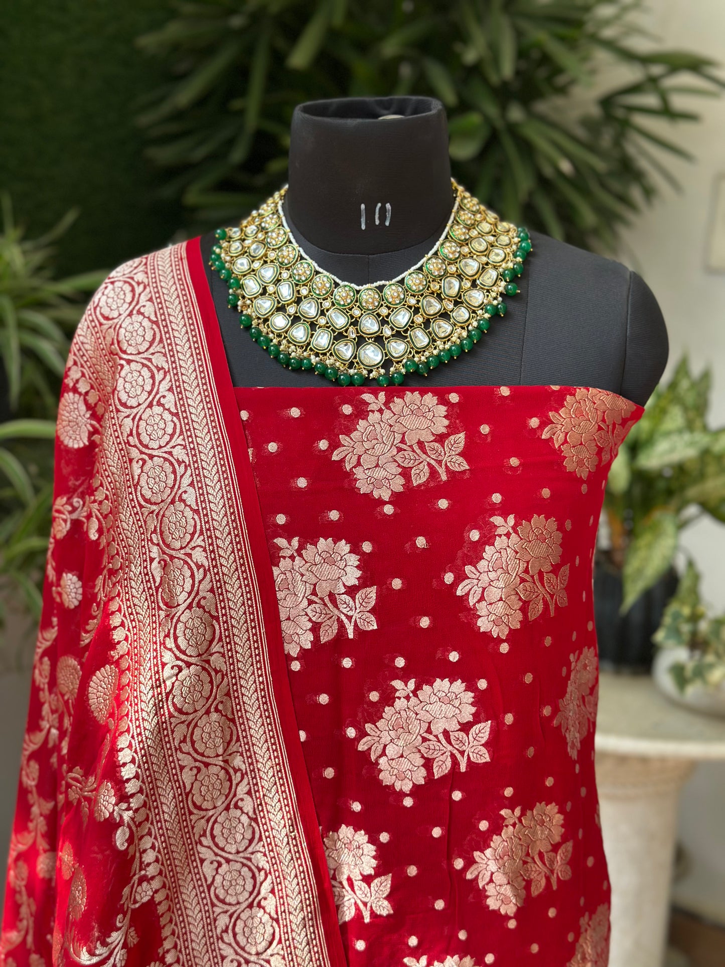 Banarasi Khaddi Georgette Suit Set - Ruby Red