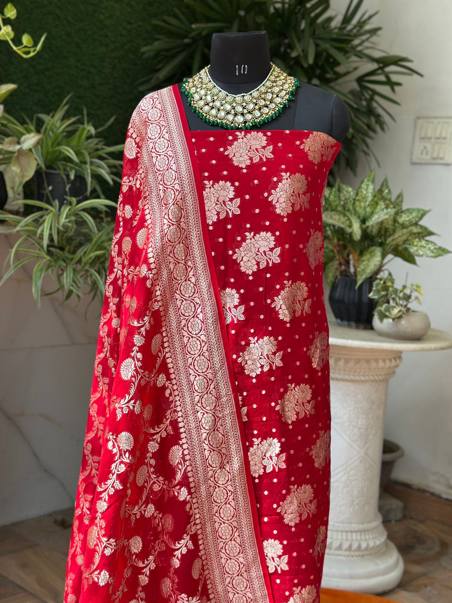 Banarasi Khaddi Georgette Suit Set - Ruby Red