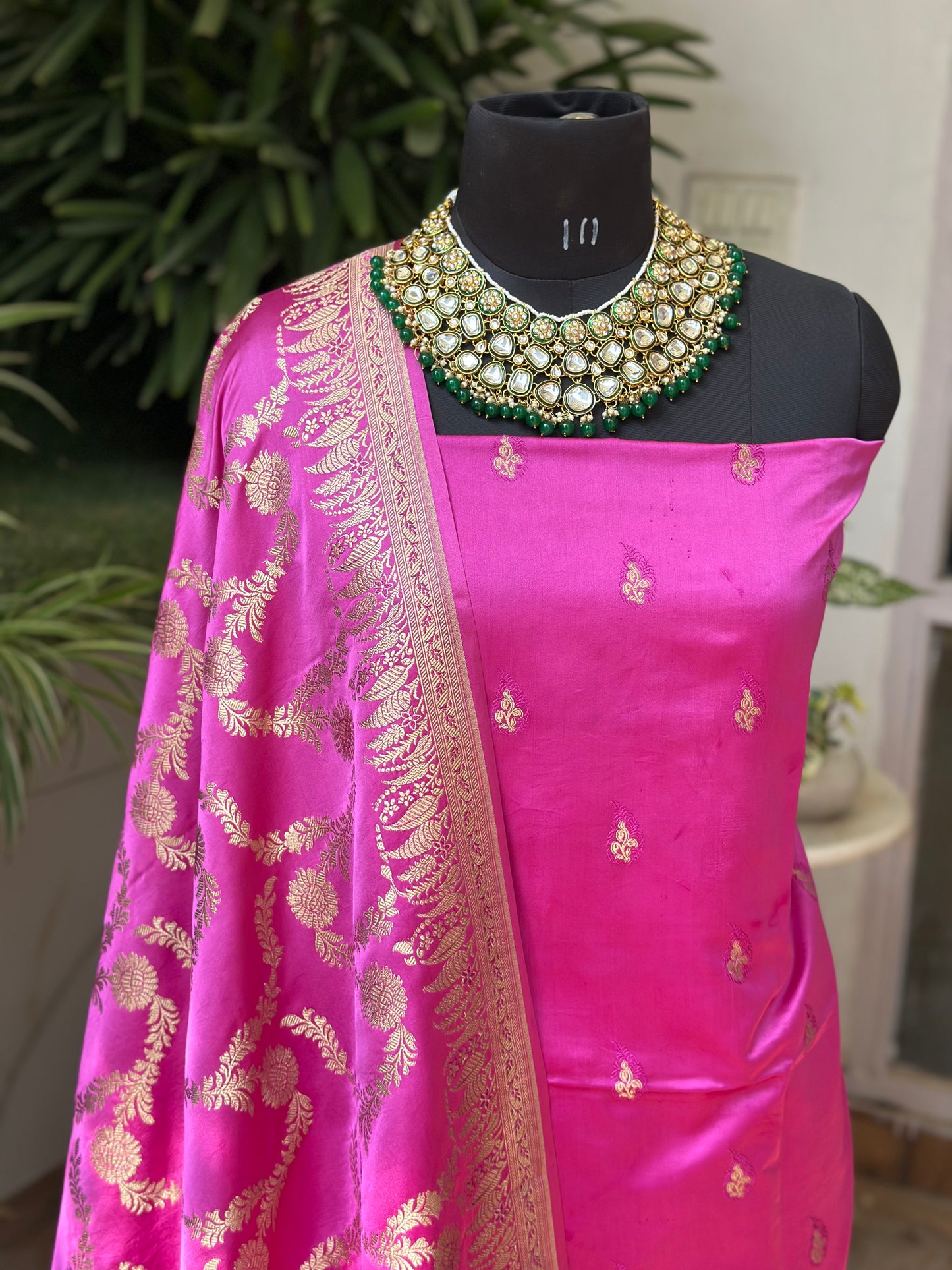 Banarasi Mashru Suit Set - Barbie Pink