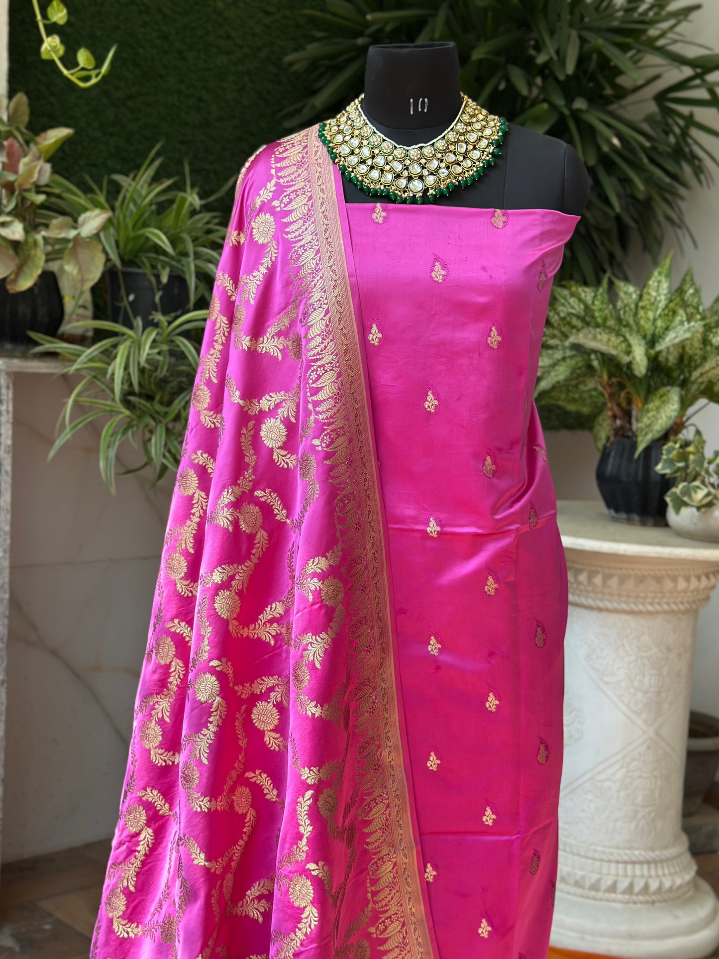 Banarasi Mashru Suit Set - Barbie Pink