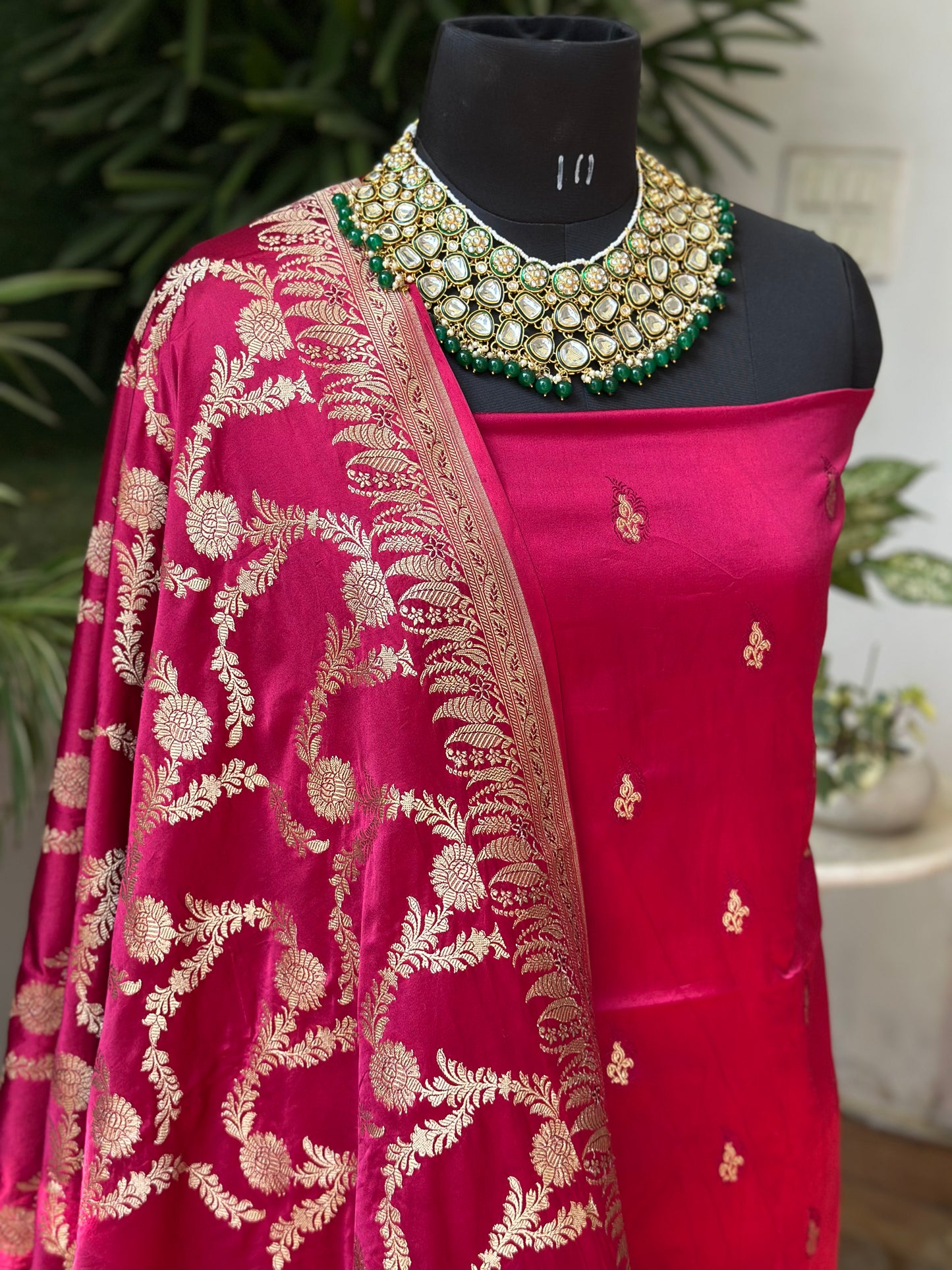 Banarasi Mashru Suit Set - Rosy Red