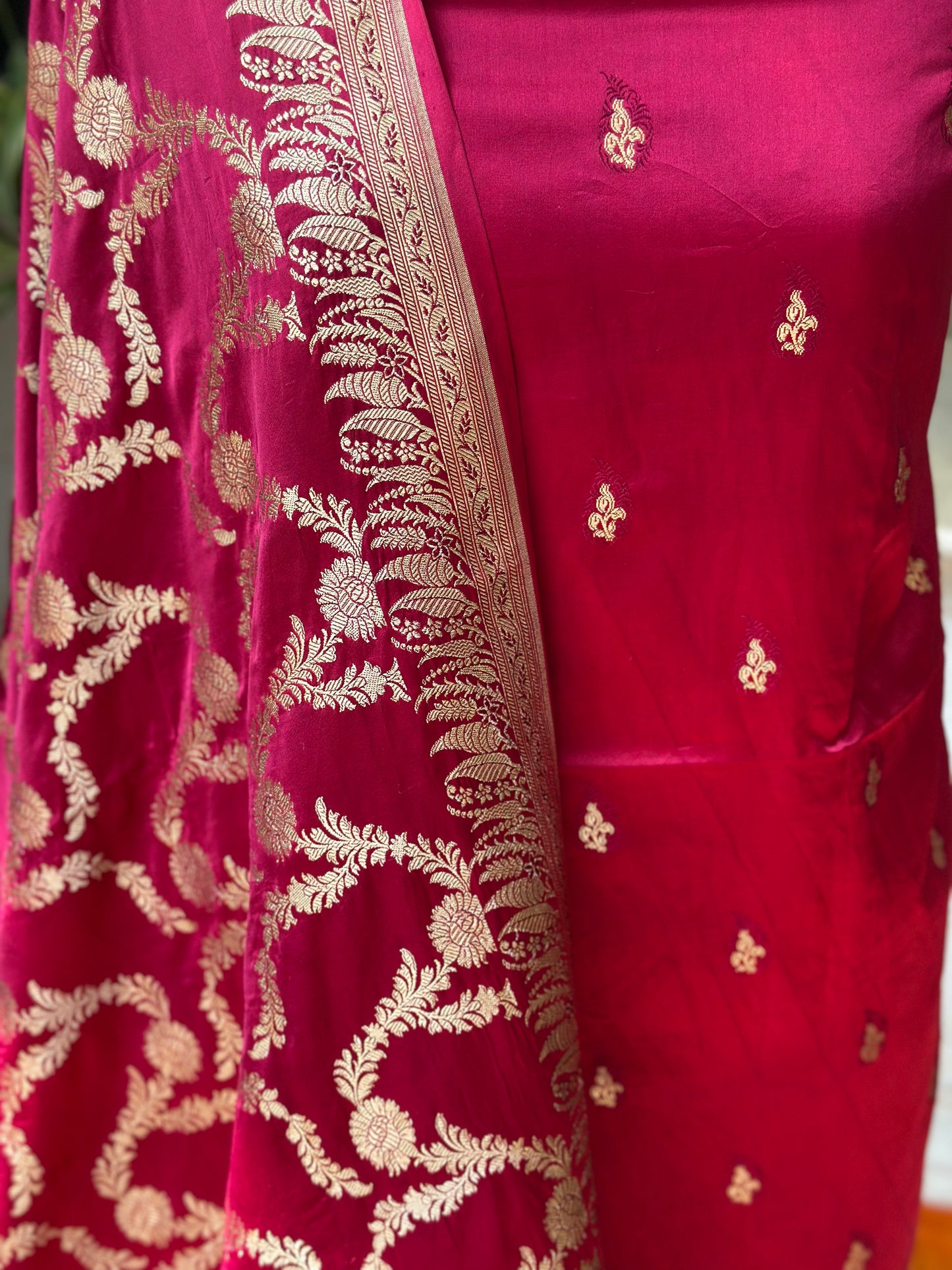 Banarasi Mashru Suit Set - Rosy Red