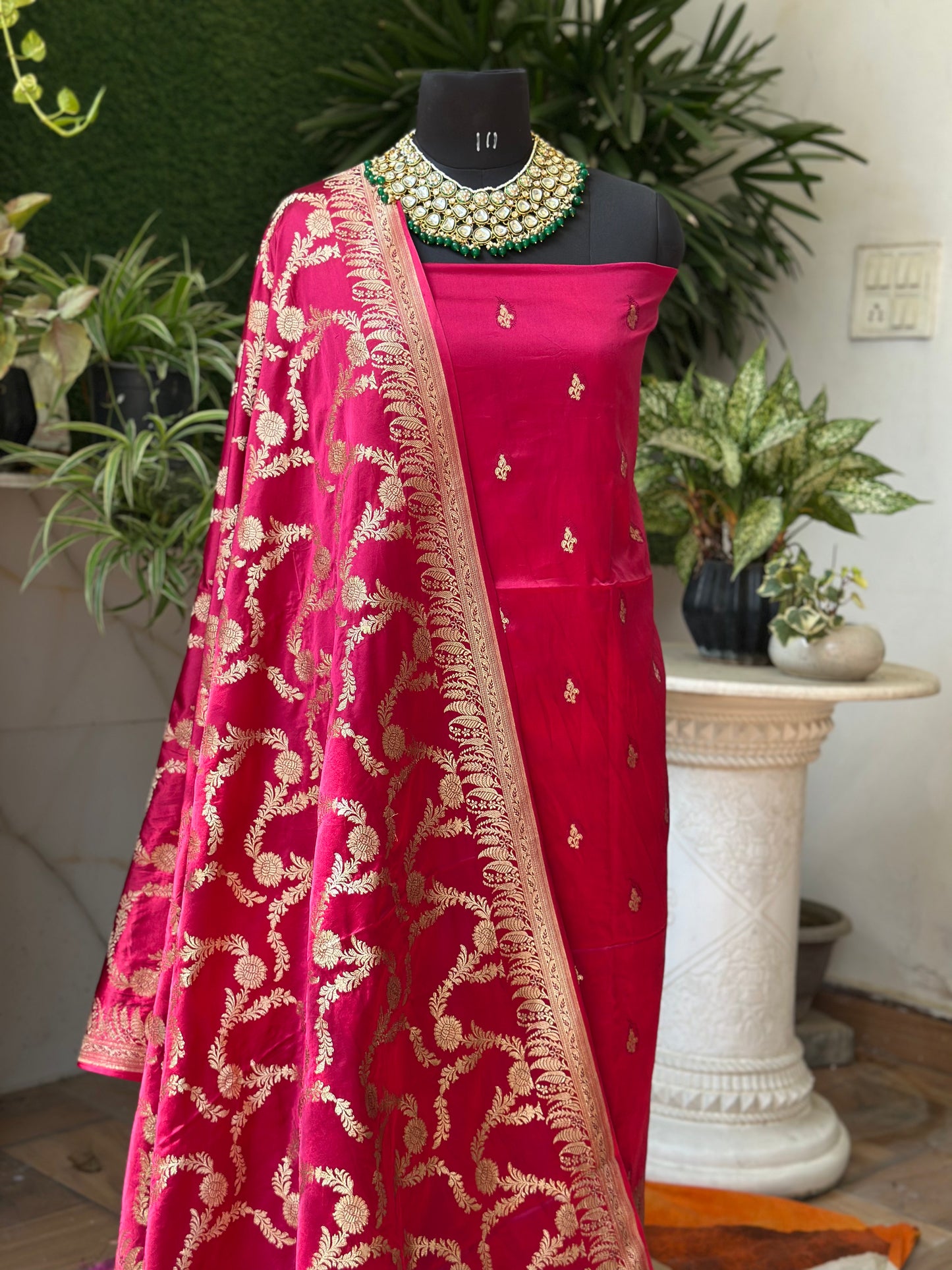 Banarasi Mashru Suit Set - Rosy Red