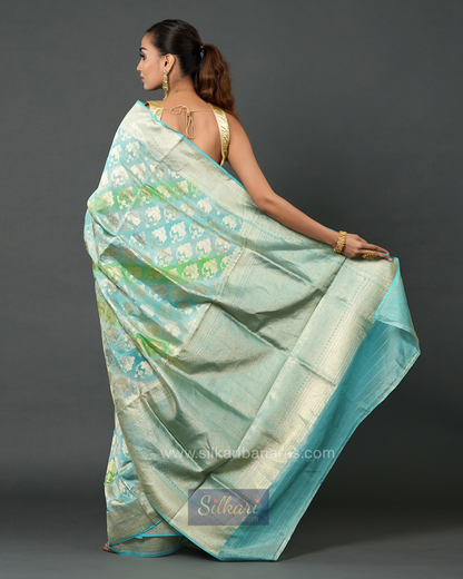 Sky Blue & Sea Green Banarasi Silk Saree with Floral Zari Weave -  Tissue Katan Silk