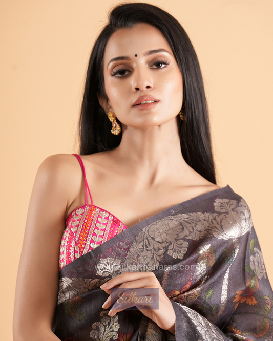 Banarasi Tussar Silk Saree in Charcoal Grey