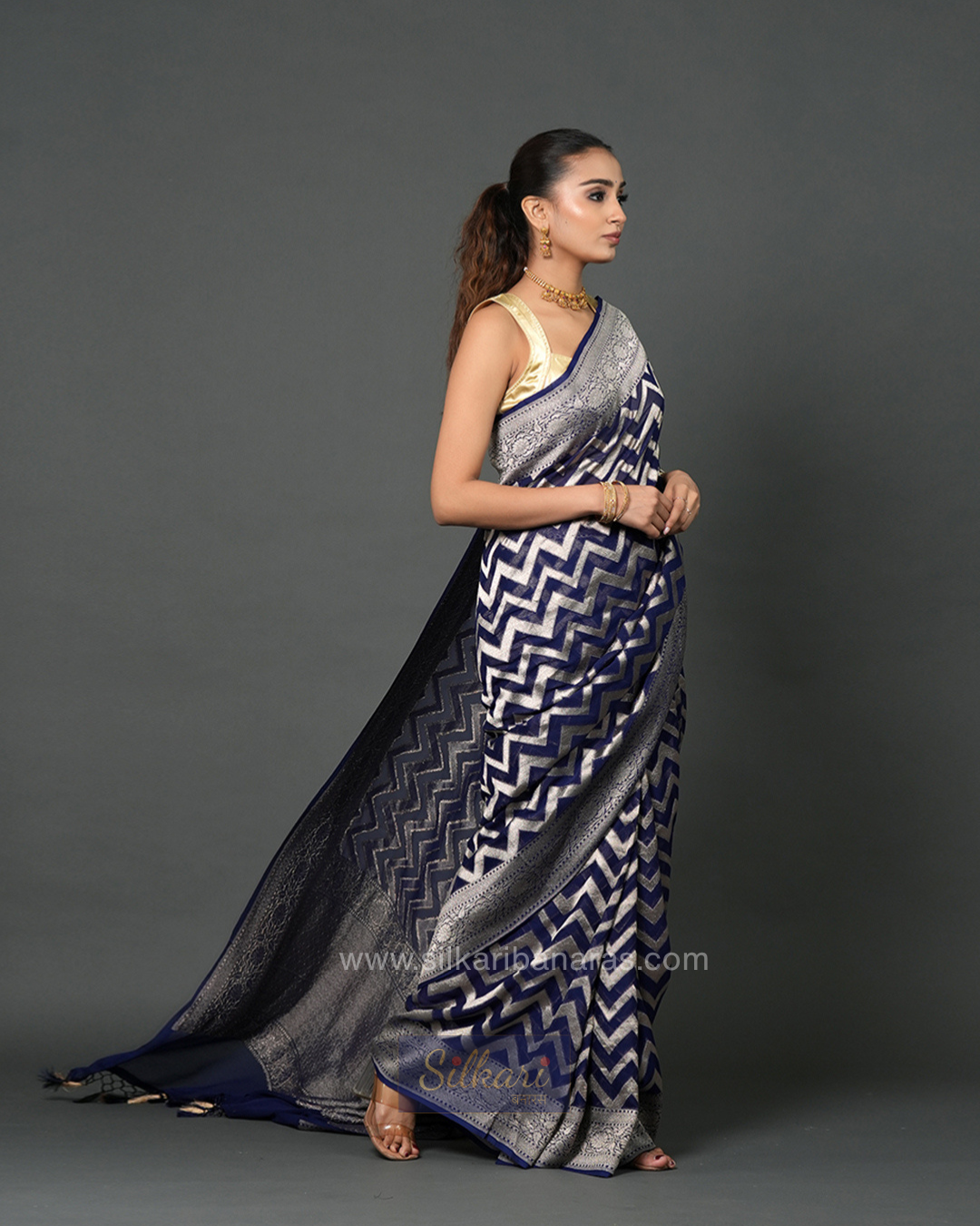 Banarasi Khaddi Georgette Saree in Navy Blue