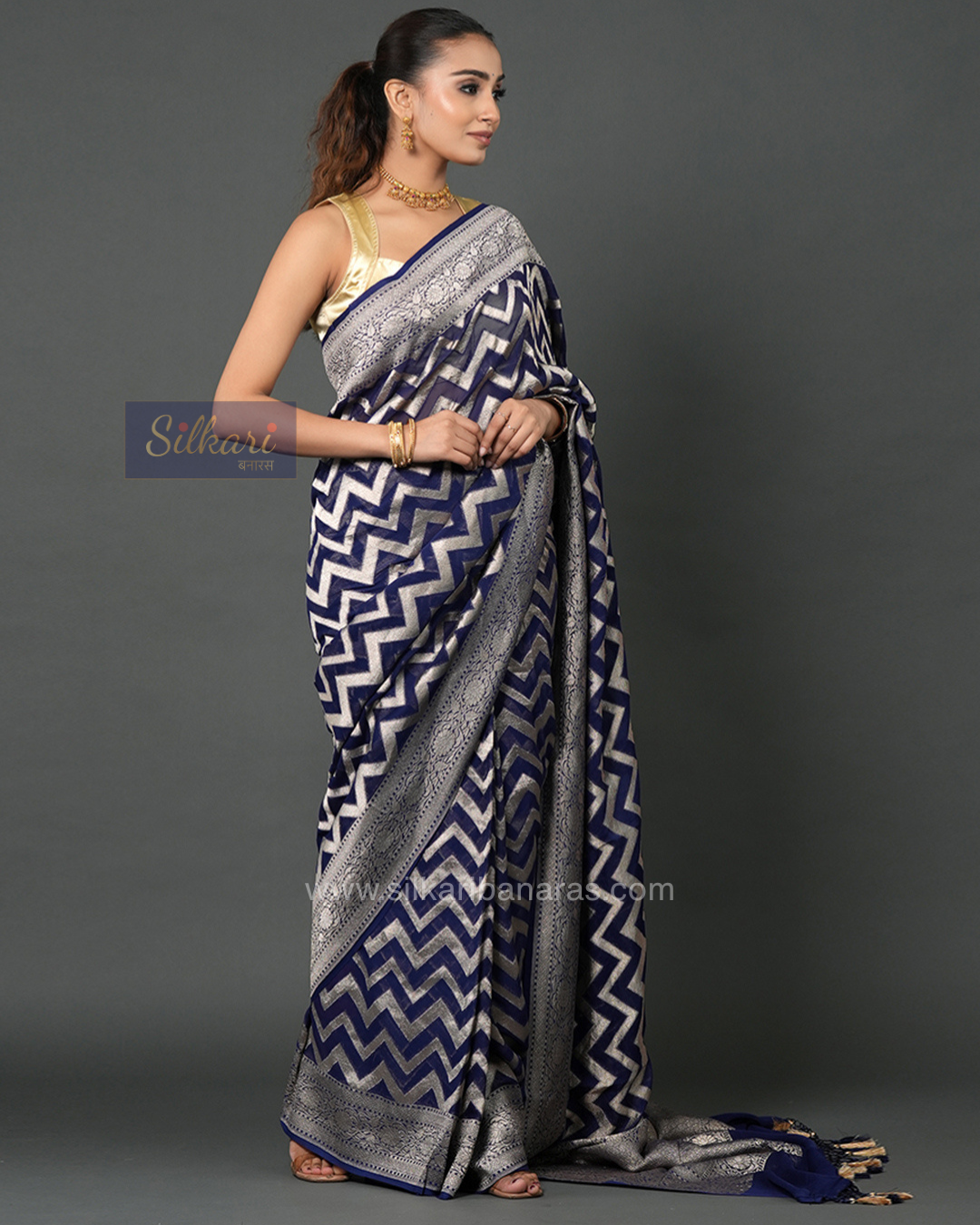 Banarasi Khaddi Georgette Saree in Navy Blue