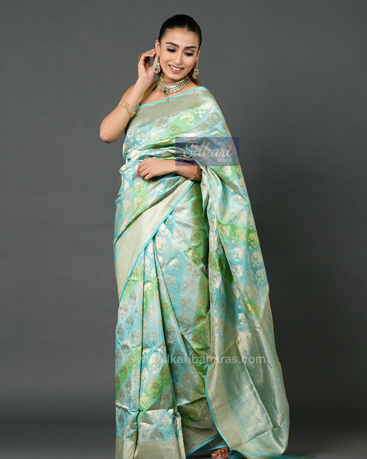 Sky Blue & Sea Green Banarasi Silk Saree with Floral Zari Weave -  Tissue Katan Silk