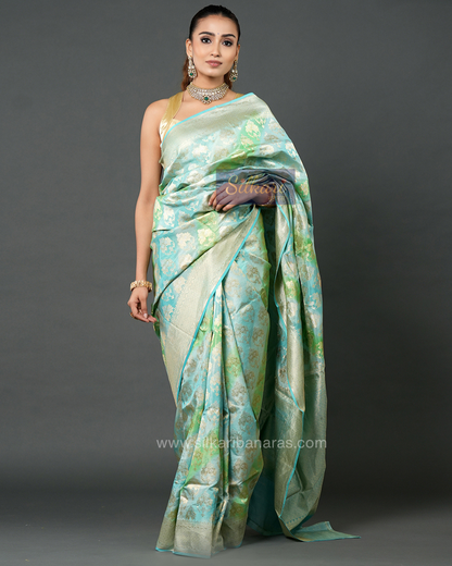 Sky Blue & Sea Green Banarasi Silk Saree with Floral Zari Weave -  Tissue Katan Silk