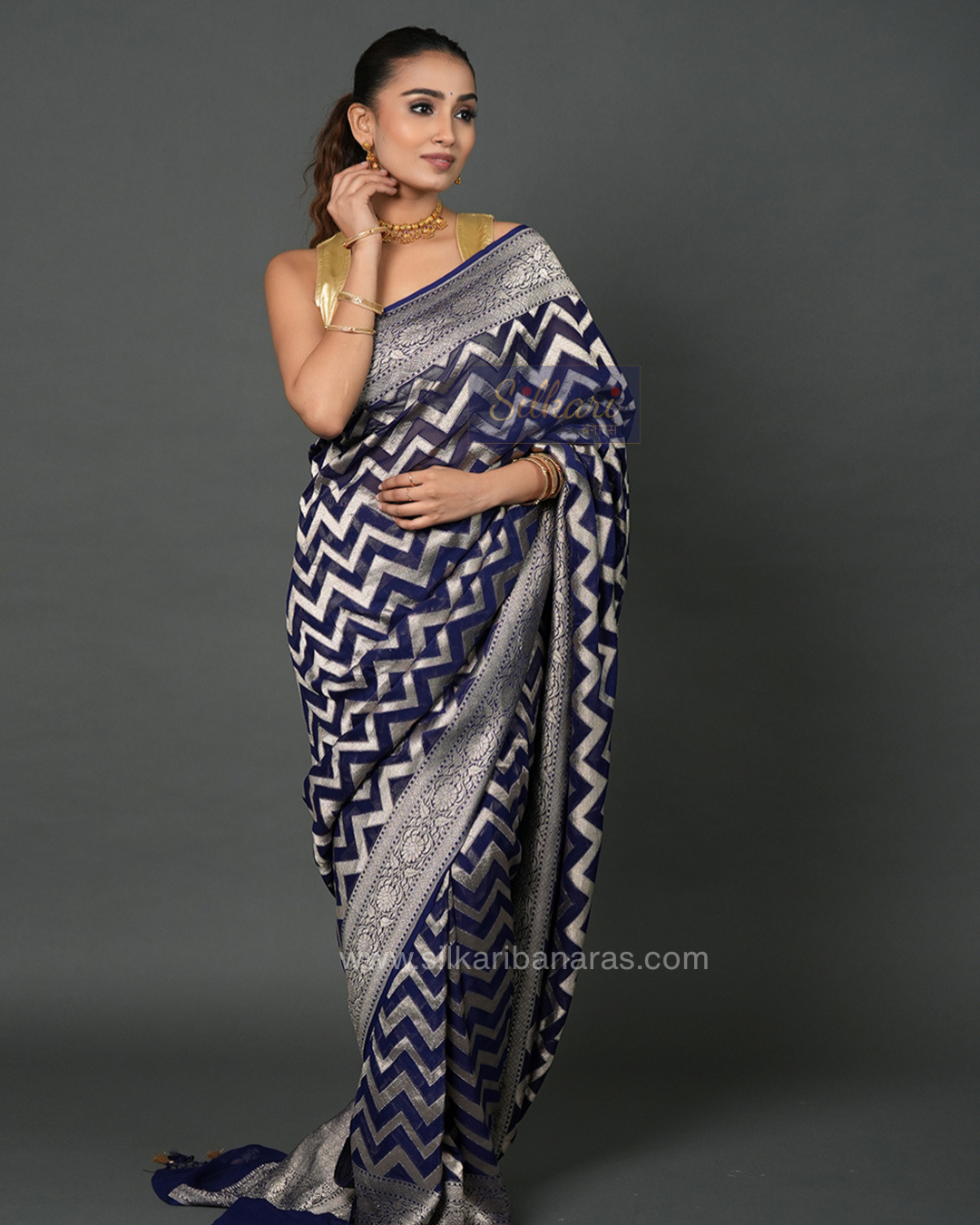 Banarasi Khaddi Georgette Saree in Navy Blue