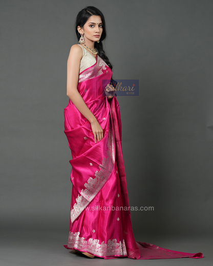 Handwoven Mashru Silk Saree in Barbie Pink