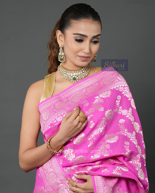 Magenta Pink Banarasi Moonga Silk Saree