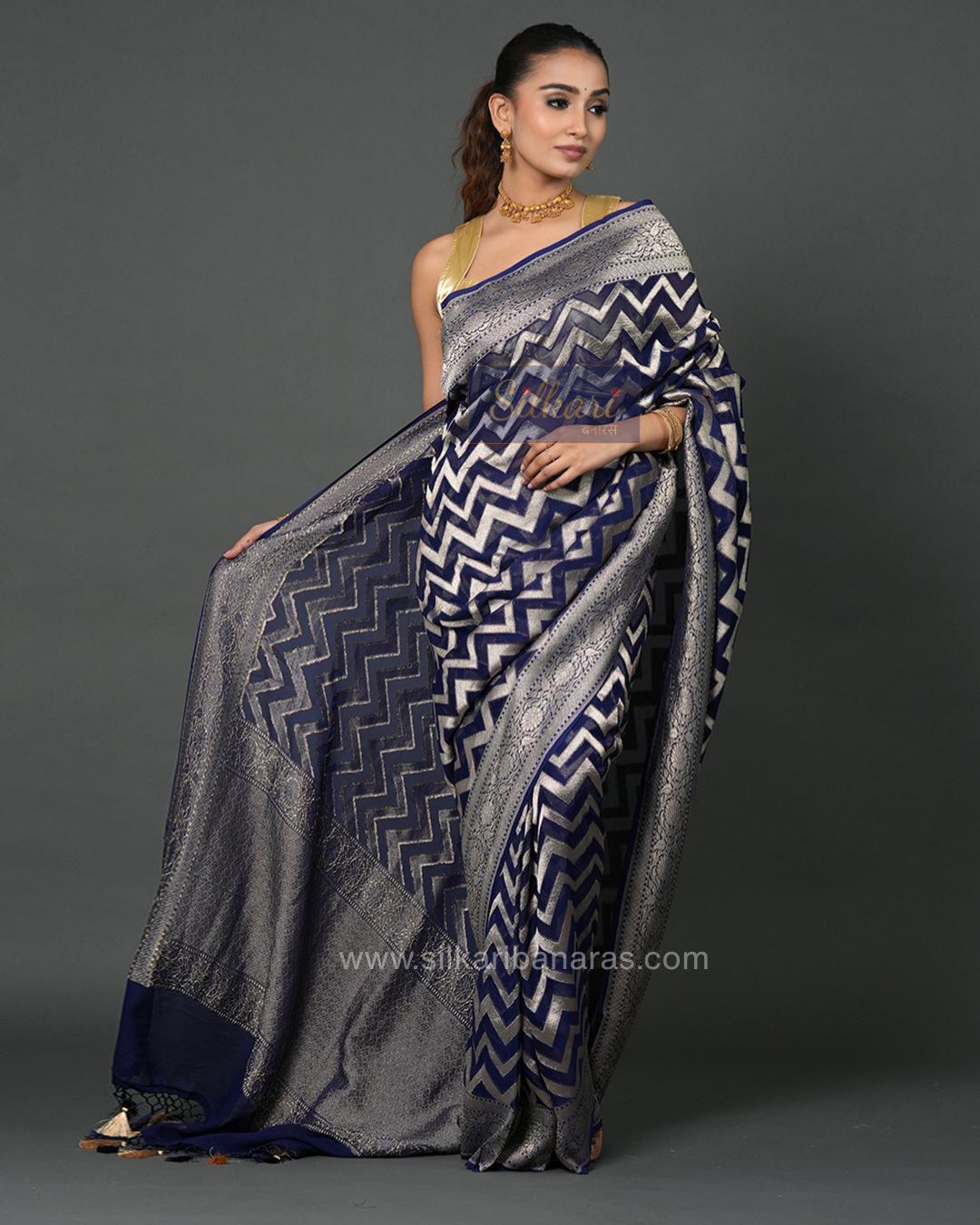 Banarasi Khaddi Georgette Saree in Navy Blue