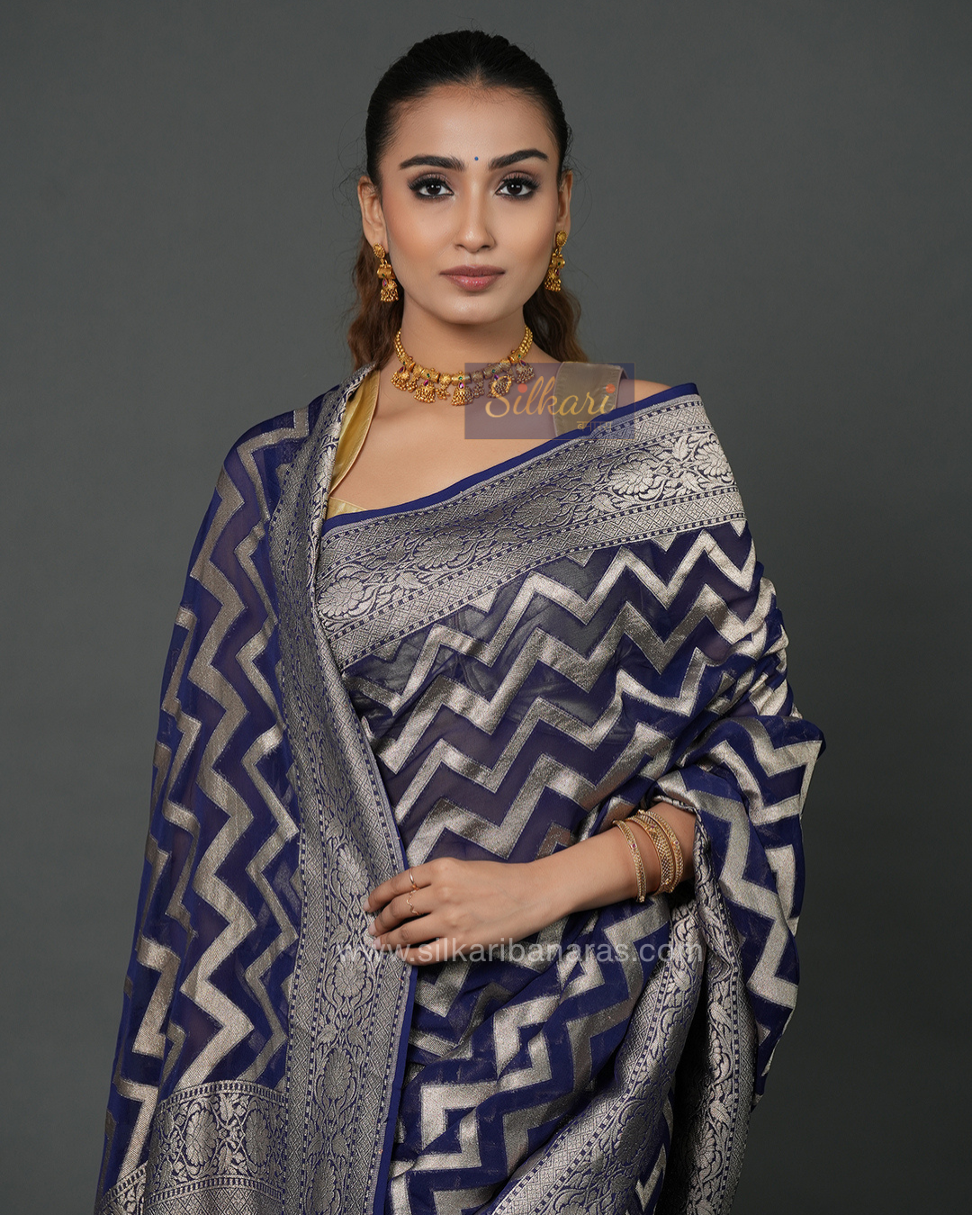 Banarasi Khaddi Georgette Saree in Navy Blue