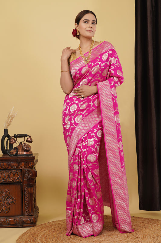 Monga Silk Saree – Hot Pink