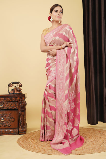 Khaddi Georgette Saree With Water Zari – Pastel Pinks