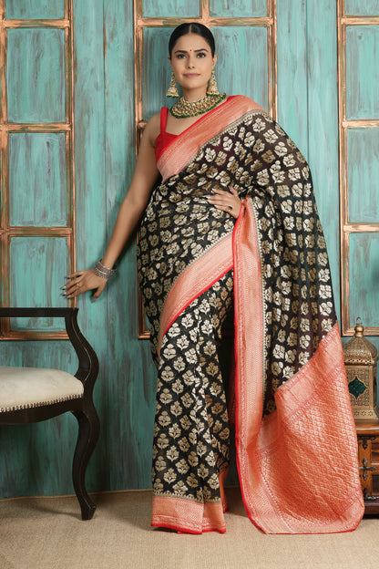 Khaddi Georgette Saree - Golden Radiance Red & Black