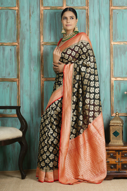 Khaddi Georgette Saree - Golden Radiance Red & Black