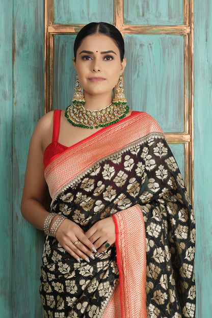Khaddi Georgette Saree - Golden Radiance Red & Black