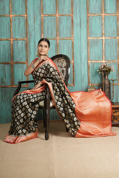 Khaddi Georgette Saree - Golden Radiance Red & Black