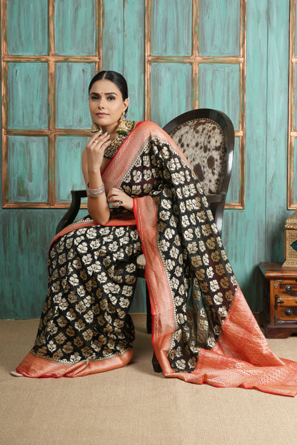 Khaddi Georgette Saree - Golden Radiance Red & Black