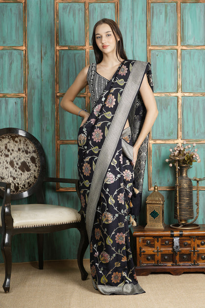 Tussar Silk Saree – Black with Floral Bota
