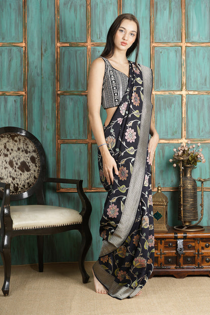Tussar Silk Saree – Black with Floral Bota