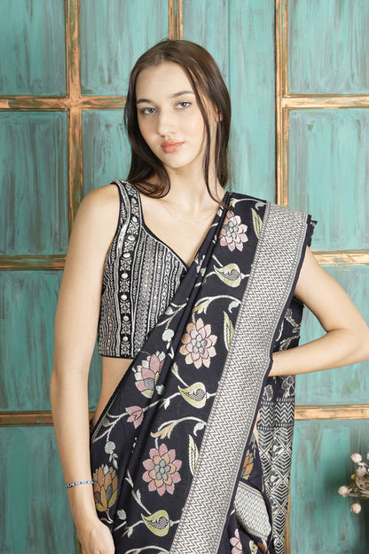 Tussar Silk Saree – Black with Floral Bota